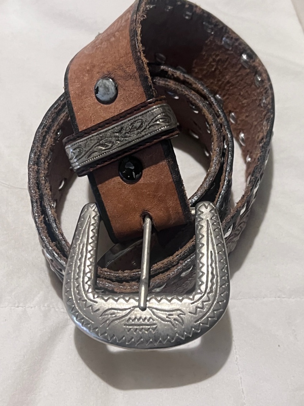 MOSCOT Brown Leather Belt with Engraved Silver-Tone Buckle